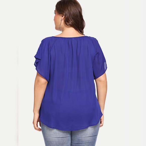 SHEIN Plus Women's Royal Blue Flutter Sleeve Lace Appliqué Tie Neck - Picture 4 of 5